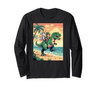 Pixel Leprechaun T Rex Unicorn Beach Retro 8 Bit Sunset Art Long Sleeve T-Shirt