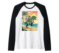 Pixel Leprechaun T Rex Unicorn Beach Retro 8 Bit Sunset Art Raglan Baseball Tee