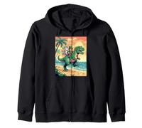 Pixel Leprechaun T Rex Unicorn Beach Retro 8 Bit Sunset Art Zip Hoodie