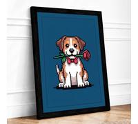 Pixel Pup with Rose Retro Framed Wall Art Print A4 (29.7×21cm) Black, Wall Decor for Living Room, Bedroom, Office & Home, Ready to Hang, Art Gift