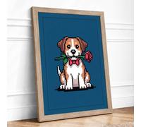 Pixel Pup with Rose Retro Framed Wall Art Print A4 (29.7×21cm) Oak, Wall Decor for Living Room, Bedroom, Office & Home, Ready to Hang, Art Gift