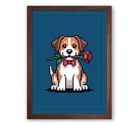 Pixel Pup with Rose Retro Framed Wall Art Print A4 (29.7×21cm) Walnut, Wall Decor for Living Room, Bedroom, Office & Home, Ready to Hang, Art Gift