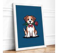 Pixel Pup with Rose Retro Framed Wall Art Print A4 (29.7×21cm) White, Wall Decor for Living Room, Bedroom, Office & Home, Ready to Hang, Art Gift