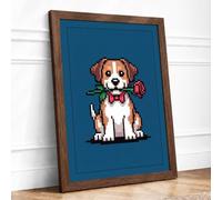 Pixel Pup with Rose Retro Framed Wall Art Print A4 Walnut | Ready to Hang, Premium Gi Paper, Fade-Resistant Inks, Securely Packaged, UK Made