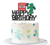 Pixel Style Happy Birthday Cake Topper - Boy Girl Kid Pixel Miner Birthday Cake Supplies - Block Video Game - Game TNT Party Decoration - Black Glitter