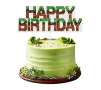 Pixel Style Happy Birthday Cake Topper, Green Game Themed Party Cake Decorations Pixel Miner Birthday Cake Topper for Boy Girl Kid Party Supplies