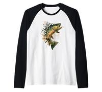 Pixel Trout Fishing Graphic Retro Digital Angler Design Raglan Baseball Tee
