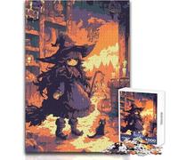Pixel Witch in A Town Adult Jigsaw Puzzles1000 Pieces Brain Challenge Learning Game Thoughtful Surprise for Celebrations Size 50x75cm