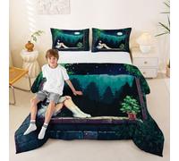 Pixelated Art Girls Bedding Set Single Size,8 Bit Pixel Geometric Square Games Comforter Set,Pine Tree Moonlight Mosaic Block Quilt Comforter Girls Boys,Retro Green Room Decor All Season,1 Pillowcase