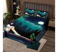 Pixelated Art Kids Bedspread King Size,8 Bit Pixel Geometric Square Games Coverlet Set,Girls Boys Room Decor,Pine Tree Moonlight Mosaic Block Quilted Coverlet,Retro Green Bedding Quilt,2 Pillowcases