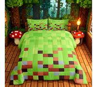Pixelated Blocks Comforter Set,Gamepad Miners Video Games Bedding Set Kids Teens Modern Bedroom Decor,Geometric Camouflage Grid Comforter with 1 Pillowcase for All Seasons,Single Size,Green Brown