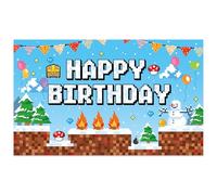 Pixelated Happy Birthday Backdrop, 152x93cm/5x3FT Snow Scene Back Drop Pixel Photo Background Gaming Theme Banner Decorations for Boys & Kids Celebration Video Game Party Supplies