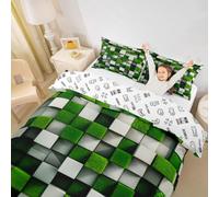Pixelated Miners Gamer Duvet Cover Set Double Size,Video Games Cartoon Gamepad Kids Bedding Set,Modern Geometric Check Room Decor,Green White Quilt Cover,2 Pillowcases(No Comforter)