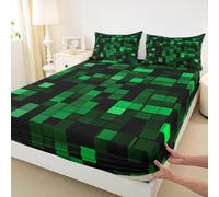 Pixelated Miners Gamer Kids King Size Fitted Sheet,Geometric Check Video Games Room Decor,Gamepad Camo Grid Boys Girls Bed Sheets,Black Green Bedding Set,2 Pillowcases(No Flat)