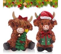PixelPlush 2Pcs Christmas Highland Cow Figurines, Resin Xmas Cow Statues with Santa Hat & Gift Merry Sign, Festive Farmhouse Decor for Home, Garden, Christmas, Ideal Ornaments Set Brown