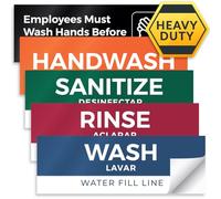 Pixelverse Design - Wash Rinse Sanitize Handwash Stickers - Great for Restaurants, Commercial Kitchens, 3 Sink Compartments - 3x9 Inches - 5 Pack Set - Includes BONUS Employee Must Wash Hands