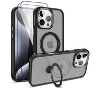 PIXFAB Case for iPhone 15 Pro Max with 2 x Screen Protector Tempered Glass, Compatible with MagSafe Wireless Charging, [Kick-Stand] Translucent Shockproof Protection [Anti-Scratch] Phone Cover Black