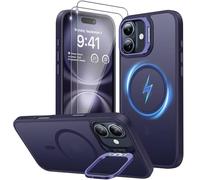 PIXFAB Case for iPhone 16 Plus with 2 x Screen Protector Tempered Glass, Compatible with MagSafe Wireless Charging, [Kick-Stand] Translucent Shockproof Protection [Anti-Scratch] Phone Cover Purple