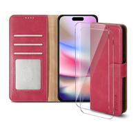 PIXFAB Case for iPhone 16 Pro Max with 2 x Screen Protector Tempered Glass, Leather Wallet Phone Case, Magnetic Book Flip Folio Cover [RFID Protection & Card Slots] and [Kickstand] - Pink