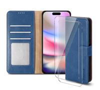 PIXFAB Case for iPhone 16 Pro Max with 2 x Screen Protector Tempered Glass, Leather Wallet Phone Case, Magnetic Book Flip Folio Cover [RFID Protection & Card Slots] and [Kickstand] - Blue