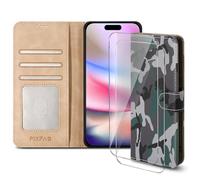 PIXFAB Case for iPhone 16 Pro Max with 2 x Screen Protector Tempered Glass, Leather Wallet Phone Case, Magnetic Book Flip Folio Cover [RFID Protection & Card Slots] and [Kickstand] - Camouflage