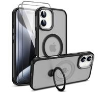 PIXFAB Case for iPhone 16 with 2 x Screen Protector Tempered Glass, Compatible with MagSafe Wireless Charging, [Kick-Stand] Translucent Shockproof Protection [Anti-Scratch] Phone Cover Black