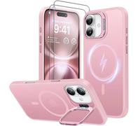 PIXFAB Case for iPhone 16 with 2 x Screen Protector Tempered Glass, Compatible with MagSafe Wireless Charging, [Kick-Stand] Translucent Shockproof Protection [Anti-Scratch] Phone Cover Pink