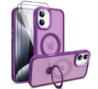 PIXFAB Case for iPhone 16 with 2 x Screen Protector Tempered Glass, Compatible with MagSafe Wireless Charging, [Kick-Stand] Translucent Shockproof Protection [Anti-Scratch] Phone Cover Purple