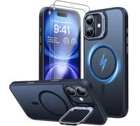 PIXFAB Case for iPhone 16 with 2 x Screen Protector Tempered Glass, Compatible with MagSafe Wireless Charging, [Kick-Stand] Translucent Shockproof Protection [Anti-Scratch] Phone Cover Black