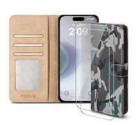 PIXFAB Case for iPhone 16 with 2 x Screen Protector Tempered Glass, Leather Wallet Phone Case, Magnetic Book Flip Folio Cover [RFID Protection & Card Slots] and [Kickstand] - Camouflage
