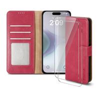 PIXFAB Case for iPhone 16 with 2 x Screen Protector Tempered Glass, Leather Wallet Phone Case, Magnetic Book Flip Folio Cover [RFID Protection & Card Slots] and [Kickstand] - Pink