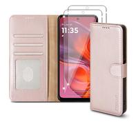 PIXFAB Case for Motorola G05 / Moto E15 with 2 x Screen Protector Tempered Glass, Leather Wallet Phone Case, Magnetic Book Flip Folio Cover [RFID Protection & Card Slots] and [Kickstand] - Rose Gold