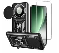 PIXFAB for Honor Magic8 Lite/Magic 8 Lite Case with 1 x Screen Protector Tempered Glass, Shockproof Case with Camera Lens Protection, Protective Ring Armour Phone Cover with [Kickstand] - Black