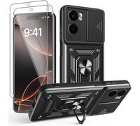 PIXFAB for Motorola Moto G06 Case with 2 x Screen Protector Tempered Glass, Shockproof Case with Camera Lens Protection, Protective Ring Armour Phone Case Cover with [Kickstand] - Black