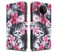 PIXFAB For Nokia 5.4 Leather Phone Case, Magnetic Closure Full Protection Book Folio Design, Wallet Case Cover [Card Slots] and [Kickstand] For Nokia 5.4 (6.39") - Pink Flower