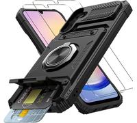 PIXFAB for Samsung Galaxy A25 Shockproof Case with 360° Rotating Ring Holder, Hidden Card Slot & 2 Screen Glass Protector | Heavy Duty Protection | Kickstand & Magnetic Car Mount Compatible - Black