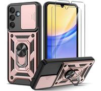 PIXFAB for Samsung Galaxy S25 FE Case with 2 x Screen Protector Tempered Glass, Shockproof Case with Camera Lens Protection, Protective Ring Armour Phone Case Cover with [Kickstand] - Rose Gold