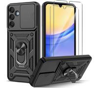 PIXFAB for Samsung Galaxy S25 FE Case with 2 x Screen Protector Tempered Glass, Shockproof Case with Camera Lens Protection, Protective Ring Armour Phone Case Cover with [Kickstand] - Black