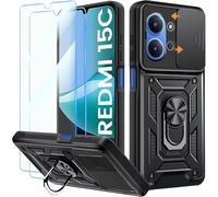 PIXFAB for Xiaomi Redmi 15C / Poco C85 Case with 2 x Screen Protector Tempered Glass, Shockproof Case with Camera Lens Protection, Protective Ring Armour Phone Case Cover with [Kickstand] - Black