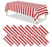 PIXHOTUL 12 Pcs Carnival Table Cloths, Stripe Tablecloths, Red Plastic Table Cover, Circus Theme Party Decorations for Carnival, Movie Night, Kid's Birthday, Picnic(12, Red, 130 x 220 cm)