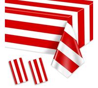 PIXHOTUL 2 Pcs Red and White Striped Vertical Tablecloths, Carnival Tablecover Plastic Disposable Red Stripes Table Cloths for Carnival Theme Party, Movie Night, Birthday, Holiday Party, 220x130cm