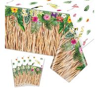 PIXHOTUL 4 Pack Hawaiian Luau Grass Tablecloths, Hawaii Luau Party Decorations, Table Skirt Tablecloth Tropical Palm Tablecover for Summer Beach BBQ Tropical Ahola Party Baby Shower, 220 x 130cm