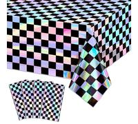 PIXHOTUL 4 Pcs Black Checkered Iridescent Tablecloths, Shiny Disposable Laser Checkered Flag Tablecover for Birthday Racing Car Party Disco Retro Iridescent Party, 220 X 130cm