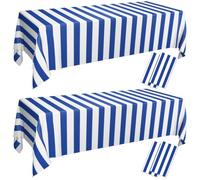 PIXHOTUL 4 Pcs Navy Blue and White Striped Tablecloths Nautical Tableccover Blue Stripes Plastic Table Decorations for Nautical Ocean Theme Party, Boy's 1st Birthday, 130 x 220cm
