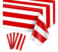 PIXHOTUL 4 Pcs Red and White Striped Vertical Tablecloths, Carnival Tablecover Plastic Disposable Red Stripes Table Cloths for Carnival Theme Party, Movie Night, Birthday, Holiday Party, 220 x 130 cm