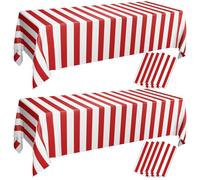 PIXHOTUL 8 Pcs Red and White Striped Tablecloths, Carnival Tablecover Plastic Disposable Red Stripes Table Cloths for Carnival Theme Party, Movie Night, Birthday, Holiday Party, 130 x 220cm