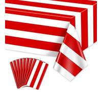 PIXHOTUL 8 Pcs Red and White Striped Vertical Tablecloths, Carnival Tablecover Plastic Disposable Red Stripes Table Cloths for Carnival Theme Party, Movie Night, Birthday, Holiday Party, 220x130cm