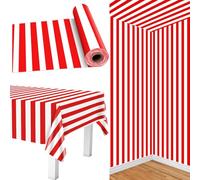 PIXHOTUL Carnival Tablecloth Roll 30 m Red and White Striped Tablecloth Red Plastic Table Cover Carnival Theme Party Decorations for Birthday Movie Night Halloween Circus Backdrop