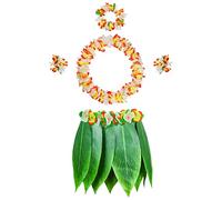PIXHOTUL Leaf Hula Skirt with Hawaii Leis Grass Skirt and Artificial Hibiscus Flowers Costume for Beach Hawaiian Luau Tiki Party (Color 13)