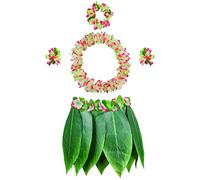 PIXHOTUL Leaf Hula Skirt with Hawaii Leis Grass Skirt and Artificial Hibiscus Flowers Costume for Beach Hawaiian Luau Tiki Party (Color 8)